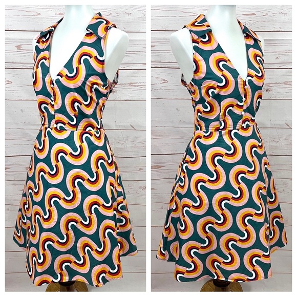 Modcloth Cotton Mod As Well Retro Rainbow Sleeveless Collar Pocket Swing Dress - Picture 3 of 13